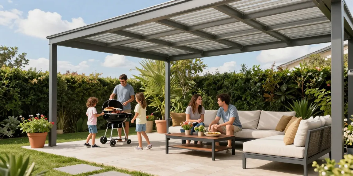 Moderne Terrassenüberdachungen bieten schattige Plätze für Familie und Freunde im Garten.