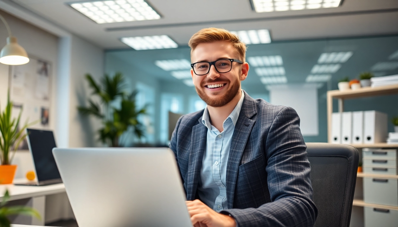 Gründer bei der Planung für pflegedienst gründen mit Unterlagen und Laptop im modernen Büro.