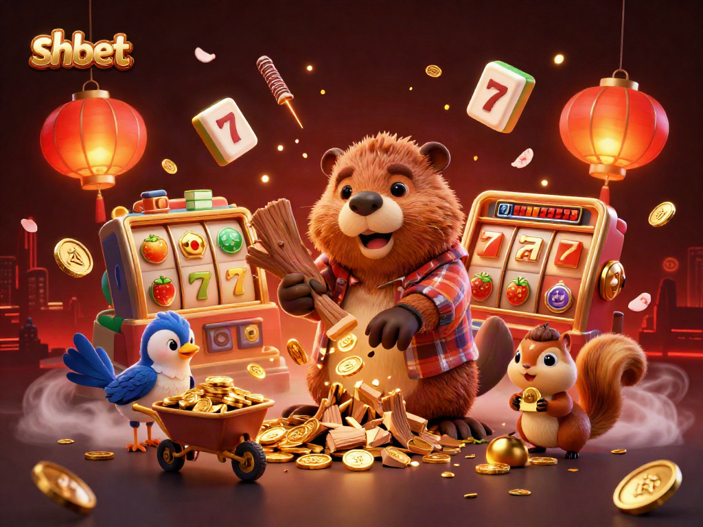 Engage with shbet's thrilling online slots as 3D characters celebrate a cascade of golden coins.
