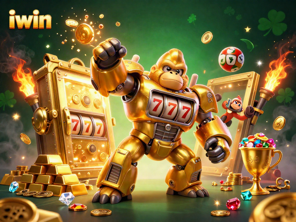 Spin the reels and win big with iwin's gaming jackpot, featuring a vibrant slot machine mech.