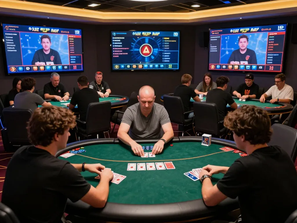 Immobilienmakler Frankfurt Ginnheim navigiert durch strategisches Online-Poker-Spiel mit animierten Displays.