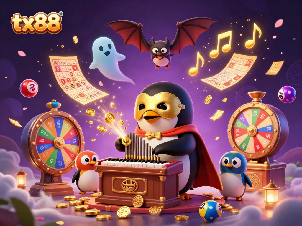Experience the excitement of tx88 gambling with a cartoon penguin organist and dynamic casino elements.