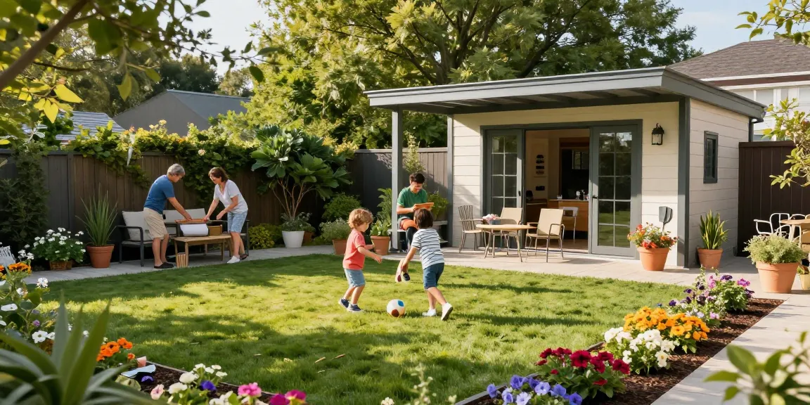 Familie im Garten mit einem Gartenhaus und Terrasse, entspannt in der Natur.