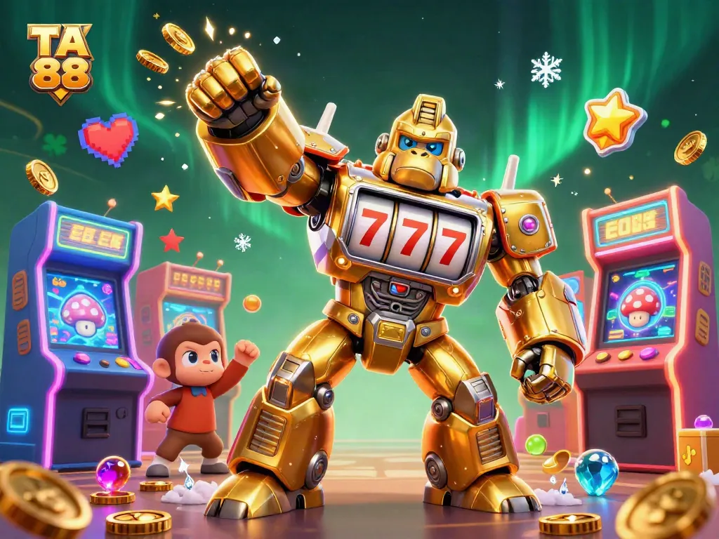 TA 88 online casino features a dynamic gambling scene with a golden gorilla mech and arcade elements.