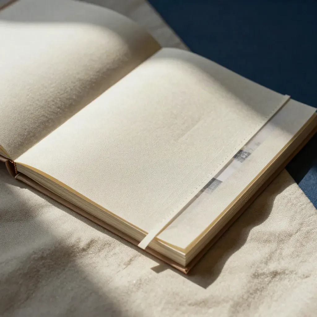 Zine in Creme-Leinen mit Fotostreifen und Hülle, halb aus dem Stoff gehoben.