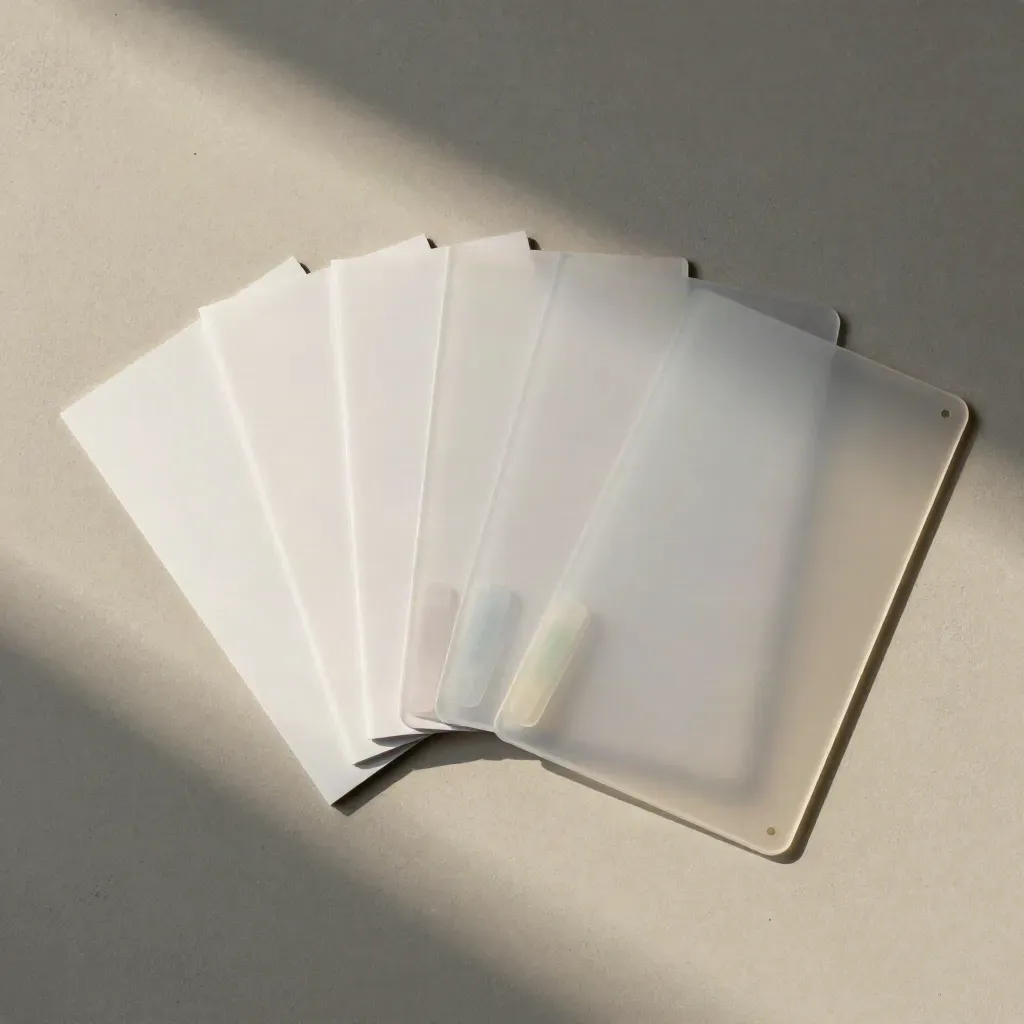 Frosted AI-Tools-Karte mit Booklet, drei Prompt-Chips und Trennsheet auf hellem Beton.