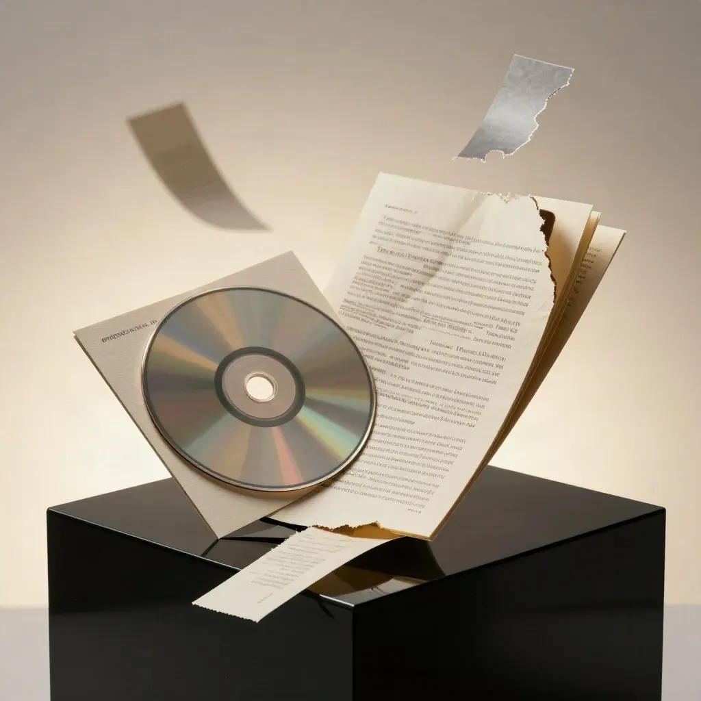 Interview-Zine, Audiodisc und Papier-Insert auf schwarzem Grund, dramatisch von Kante beleuchtet.