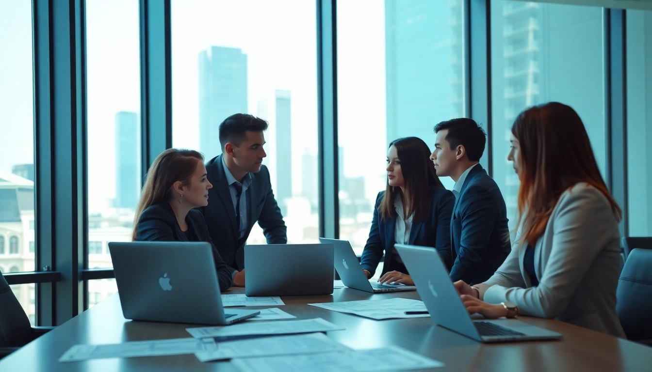 Headhunter Ingenieure im Gespräch mit Ingenieuren in einem modernen Büro, fokussierte Zusammenarbeit.
