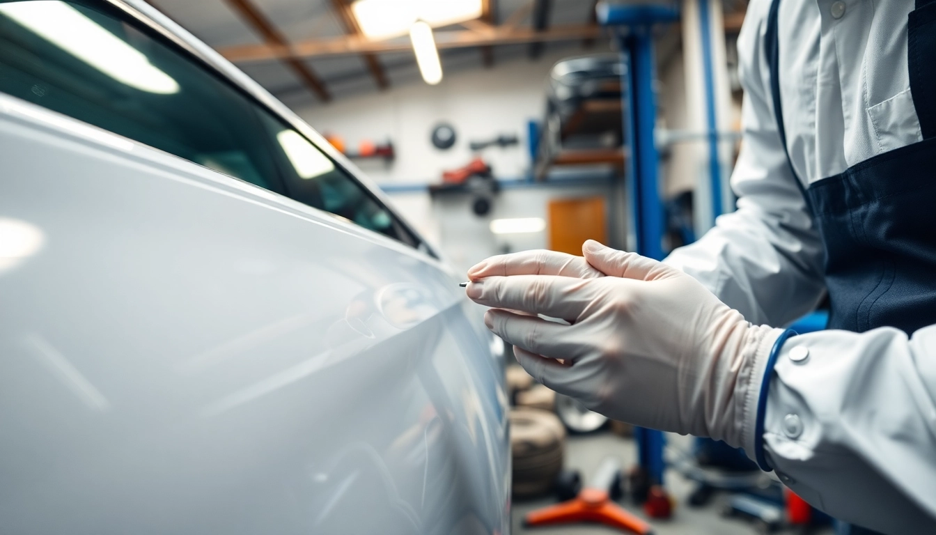 Lackschaden Reparatur München: Professionelle Fahrzeuglackierung mit einem Techniker am Werk.