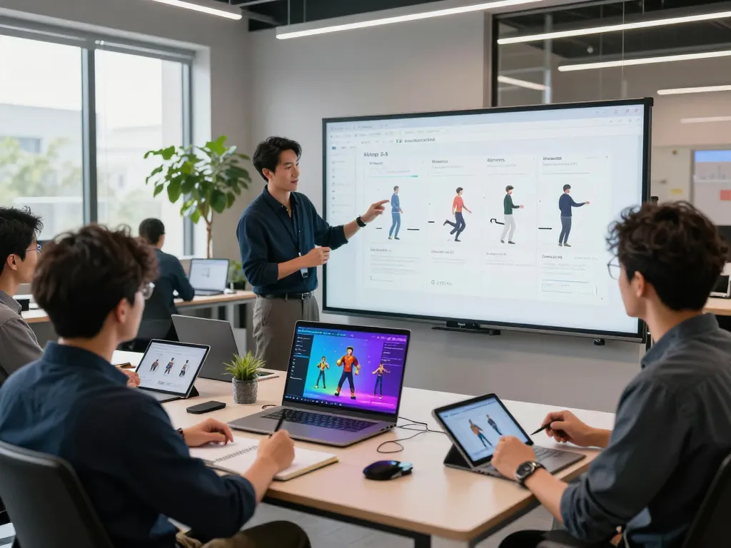 Kling 2.6 motion control software demo in a collaborative workspace showcasing animated character sequences and diverse developers engaged in discussion.