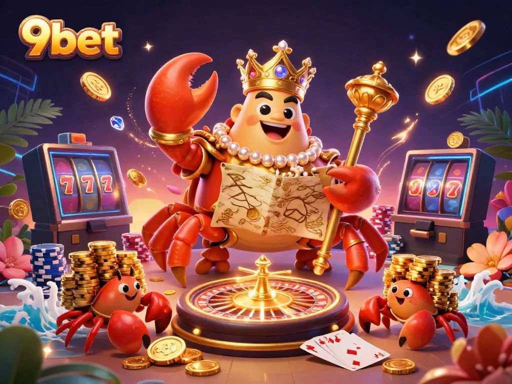 Engage with the vibrant 9bet casino world, featuring a golden crab emperor and treasure elements.