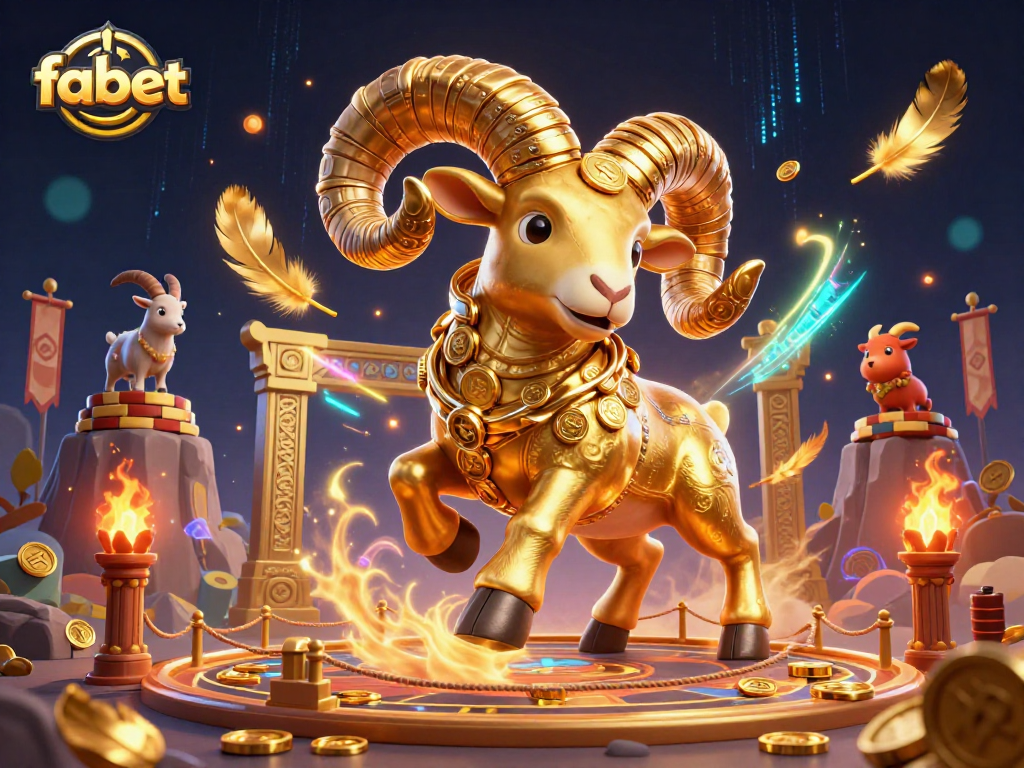 Experience thrilling bets at fabet featuring a golden ram charging through a casino gate.