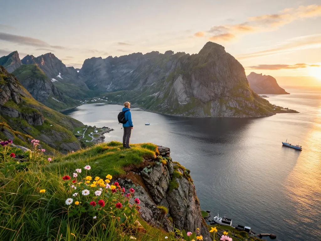 Stunning view of Lofoten Islands during sunset with a traveler, highlighting Skandinavien Reisetipps.