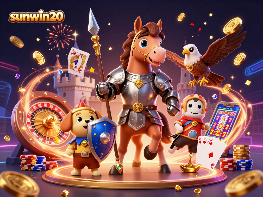 Experience the thrill of sunwin20 with a medieval knight, vibrant casino elements, and golden coins cascading.