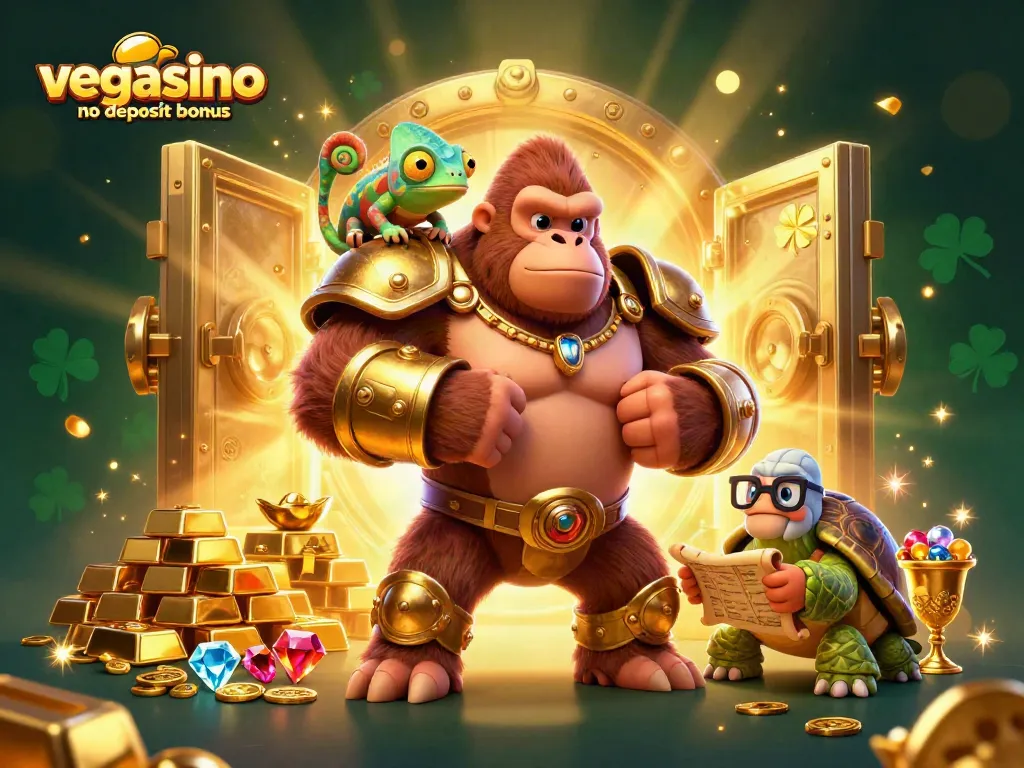 Engage with the enticing vegasino no deposit bonus, featuring a cartoon gorilla king and treasure in a vibrant casino scene.
