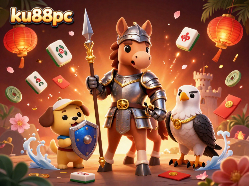 Engage in thrilling gameplay at ku88pc, featuring 3D knight, puppy, and falcon surrounded by casino elements.