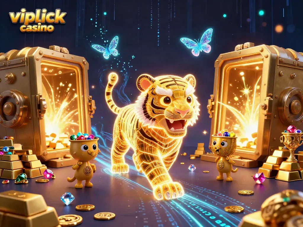 Experience the thrill of vipluck casino with a dazzling 3D neon tiger amidst treasures and games.