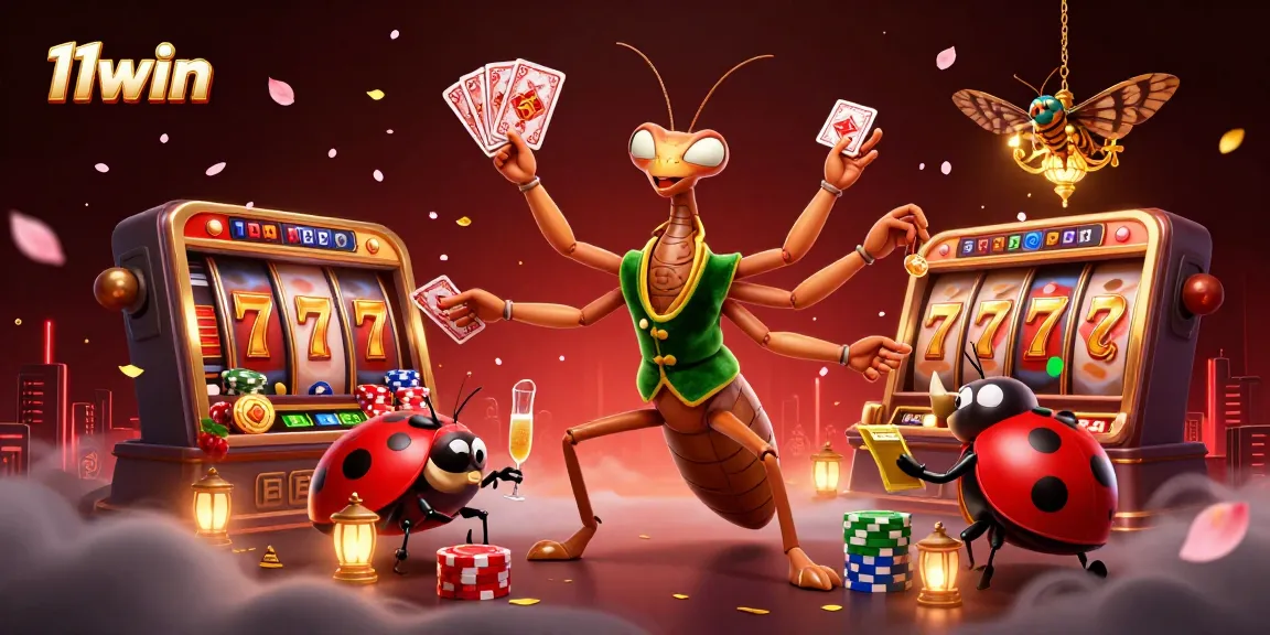 Experience excitement with 11win's dynamic scene of a casino where a praying mantis deals cards and shuffles chips.