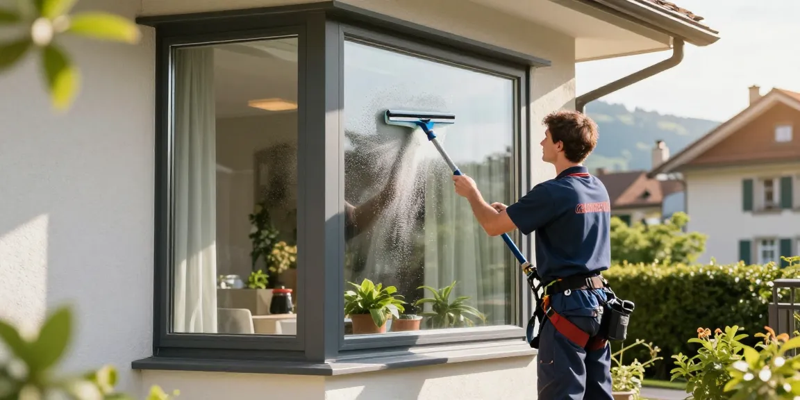 fensterreinigung bern - Professional cleaner washing bay window in bright residential atmosphere with eco-friendly tools