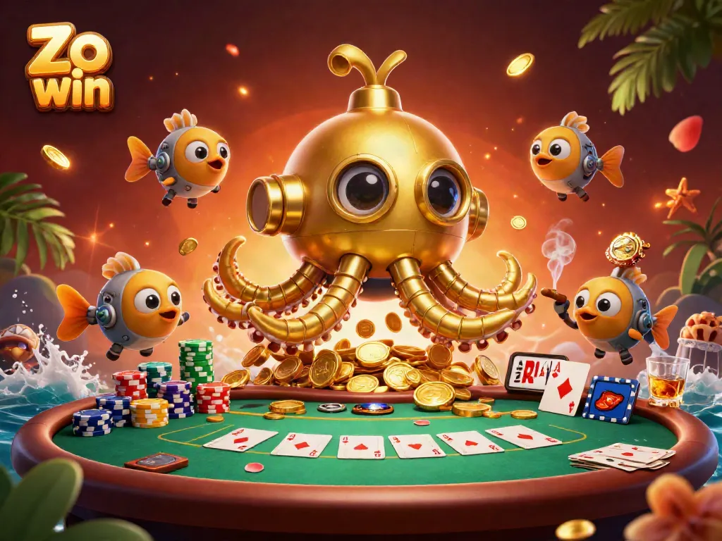 Experience thrilling gameplay with Zo win amidst golden coins and vibrant poker elements.