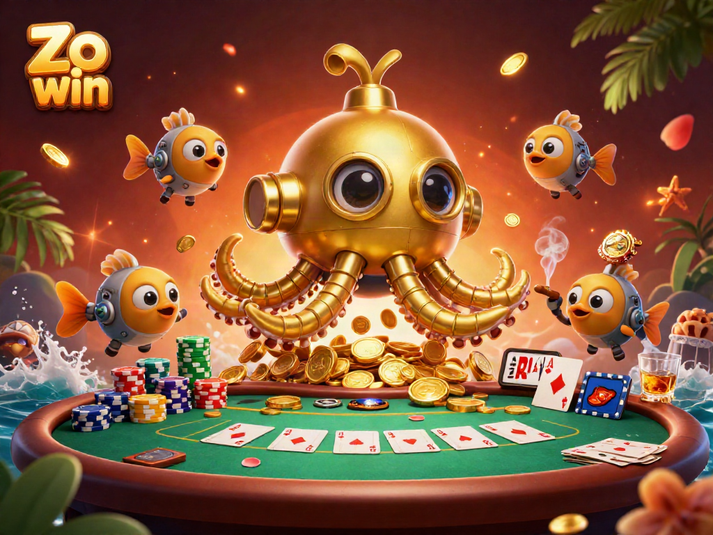 Experience thrilling gameplay with Zo win amidst golden coins and vibrant poker elements.