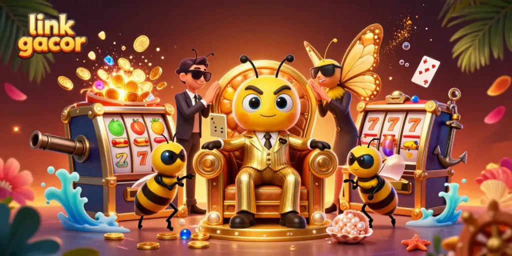 Experience link gacor in a dynamic casino scene with a bumblebee mob boss and treasure elements.