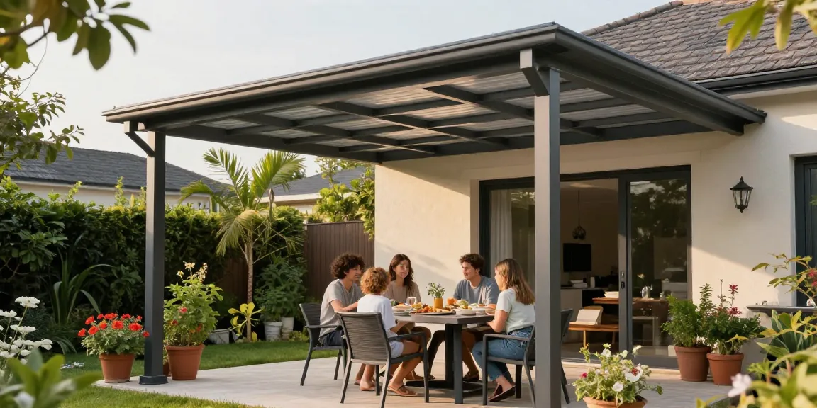 Moderne Terrassenüberdachung bietet Schatten und Schutz für eine entspannte Gartenatmosphäre.