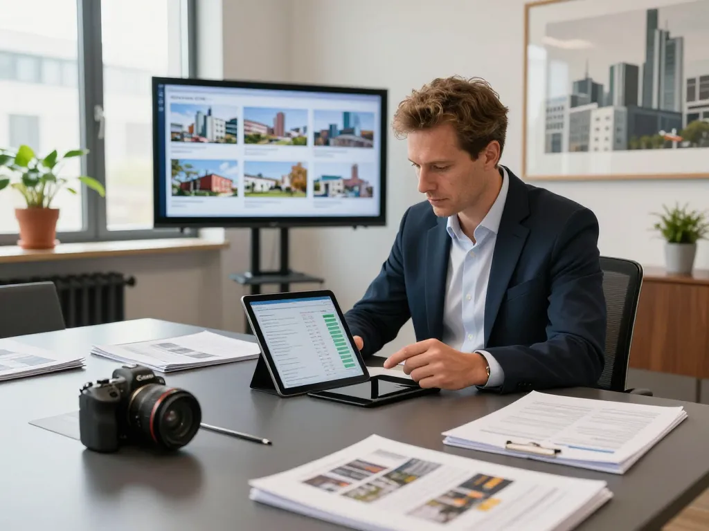 Immobilienmakler Frankfurt Ginnheim prüft lokale Immobilien-Daten in einem modernen Büro.