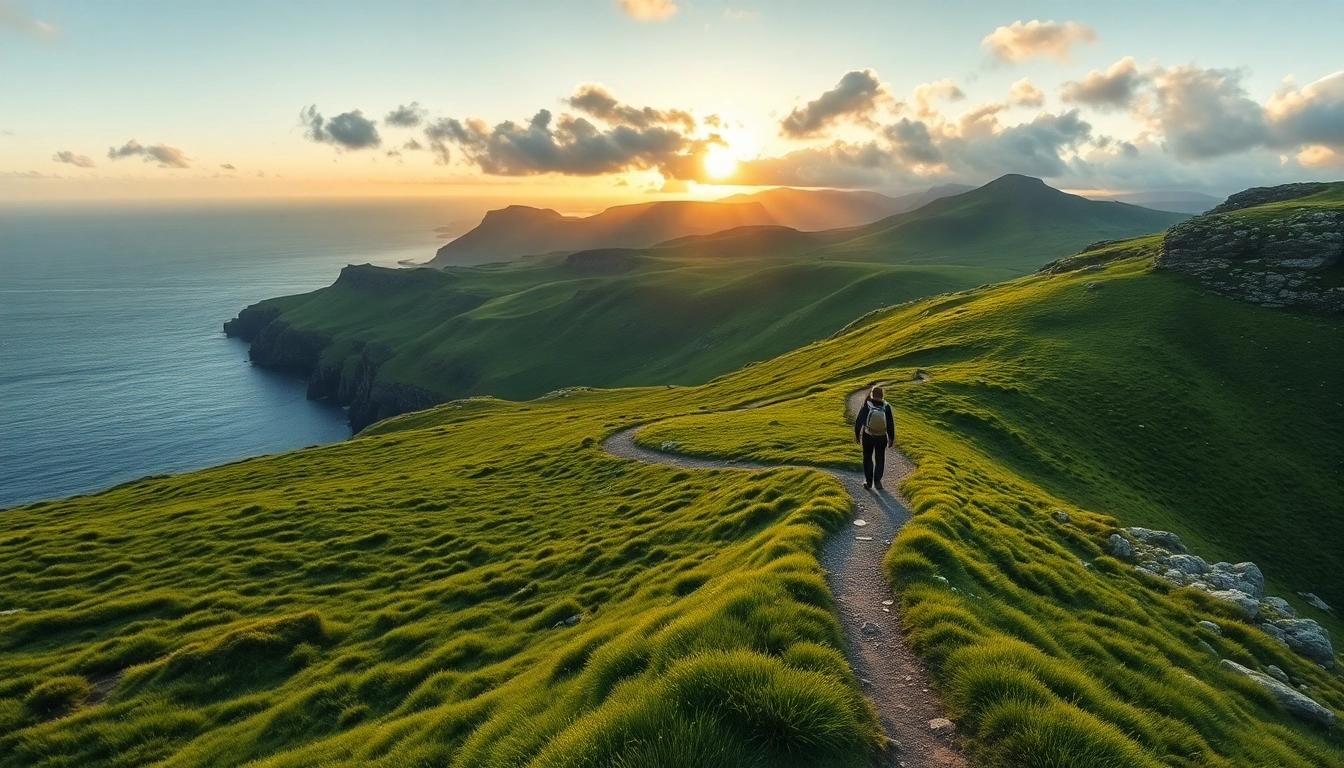 Dingle Way wandern auf einer spektakulären grünen Landschaft mit Wanderer und Atlantik im Hintergrund.