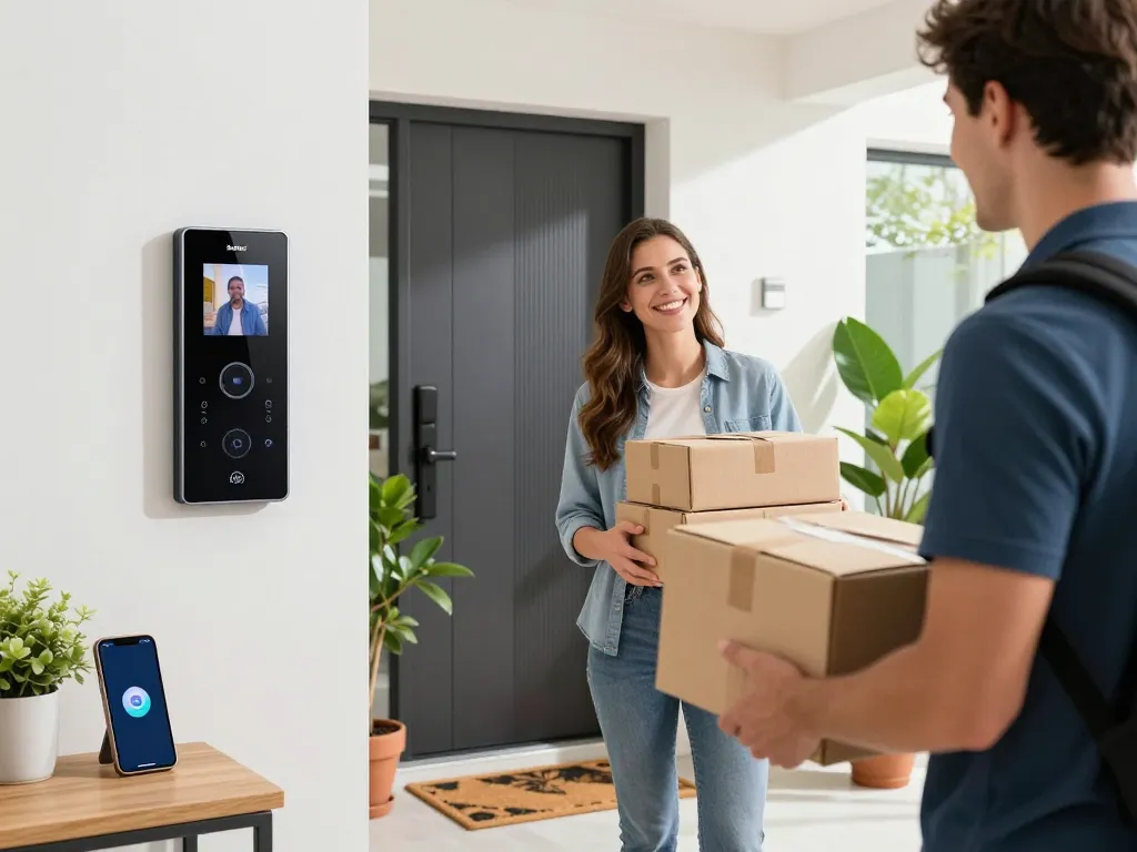 Hausbesitzer begrüßt einen Lieferanten mit der Balter Türsprechanlage, die moderne Sicherheitsfunktionen in einem sonnigen Eingangsbereich zeigt.