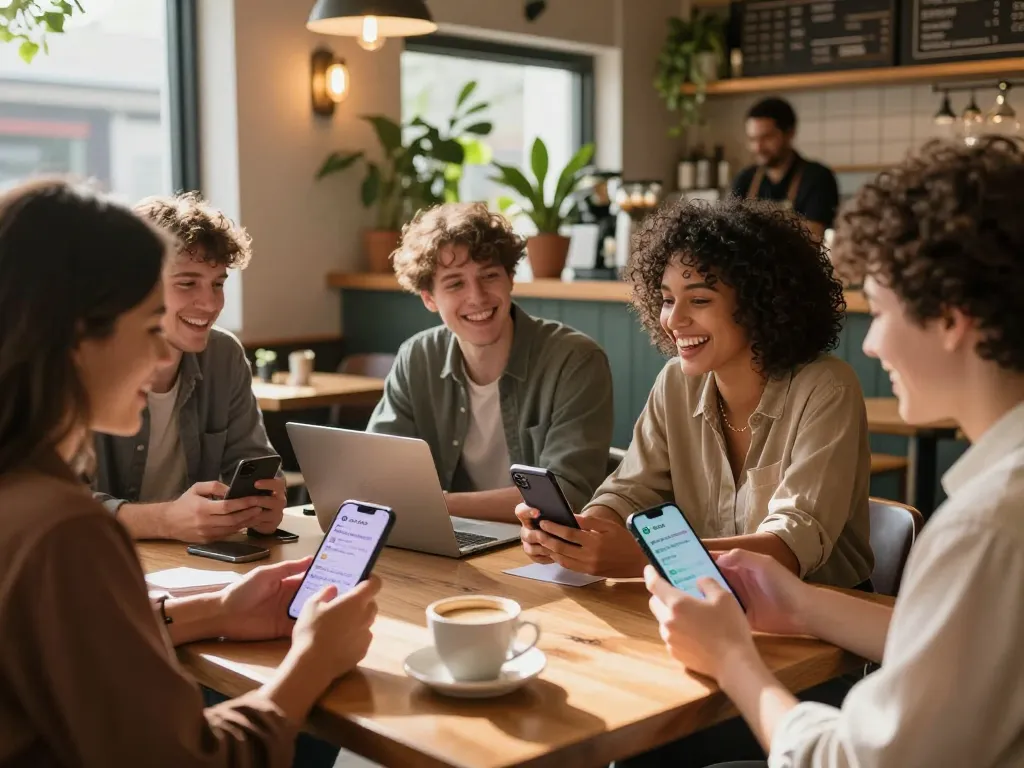 Young adults discussing sex ai chat while engaging with chatbots in a cozy coffee shop.