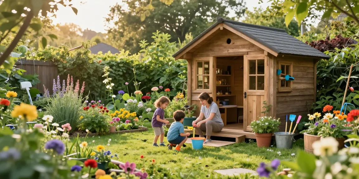 Gartenhaus kaufen: Familienzeit im Garten mit blühenden Pflanzen und einem gemütlichen Holz-Gartenhaus.