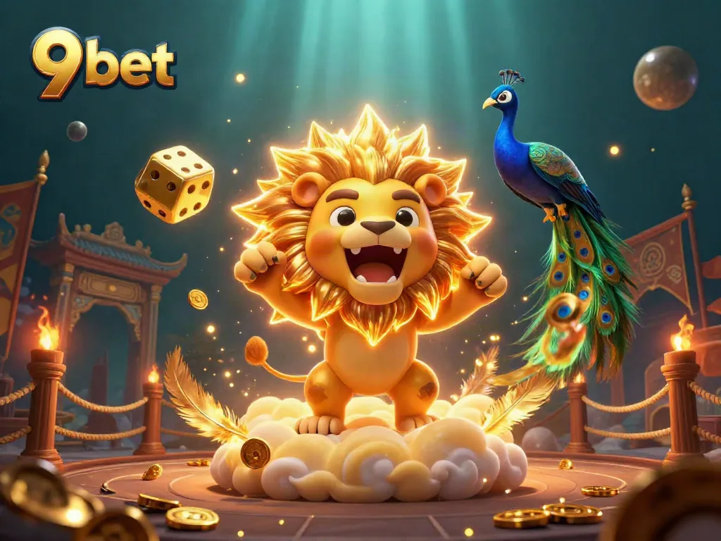 Catch thrills at 9 bet with this dynamic 3D casino illustration featuring golden dice and a roaring lion.