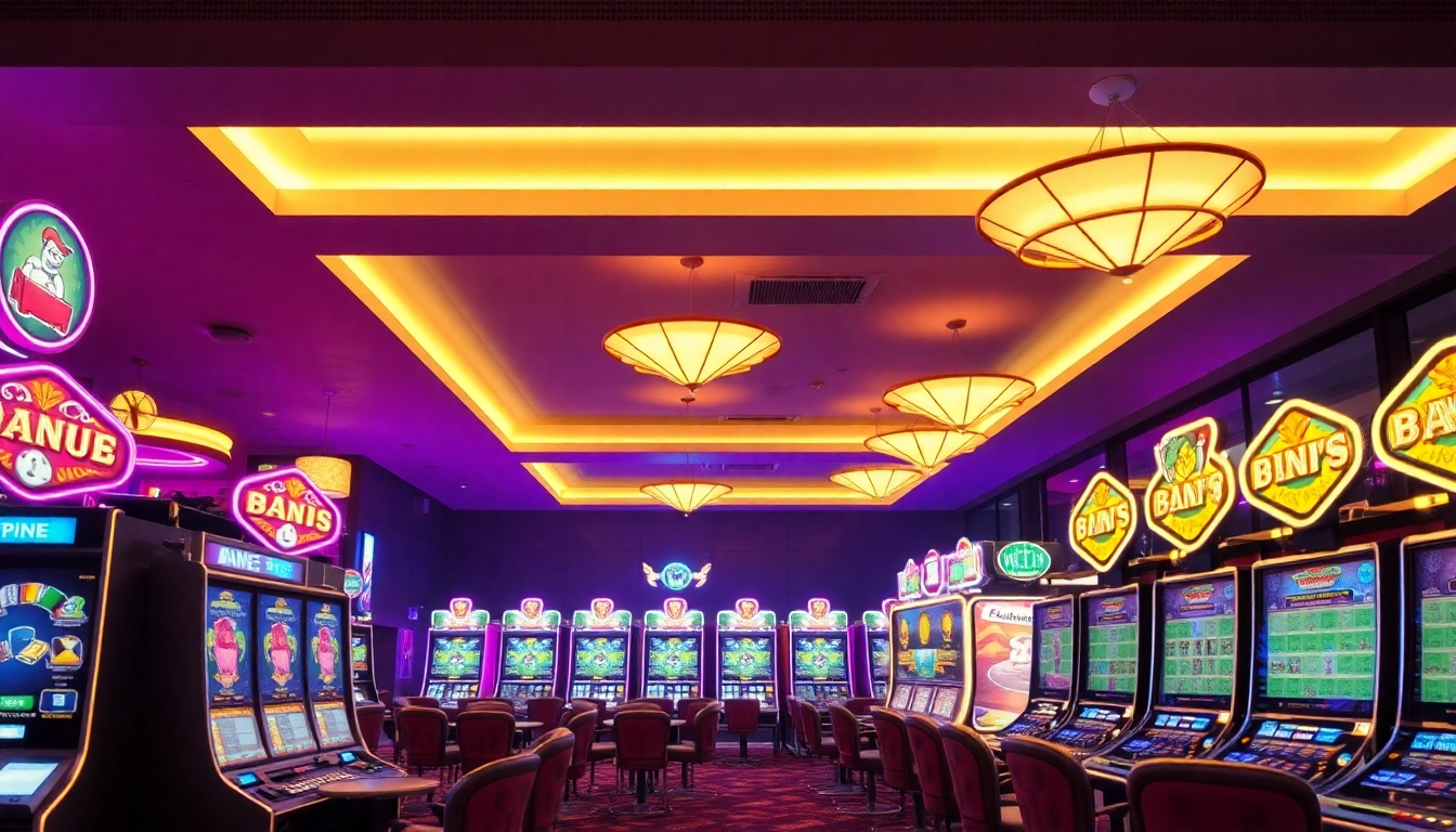 Spielen Sie im online casino ohne anmeldung in einer lebhaften Casino-Umgebung voller Spielautomaten und farbiger Lichter.