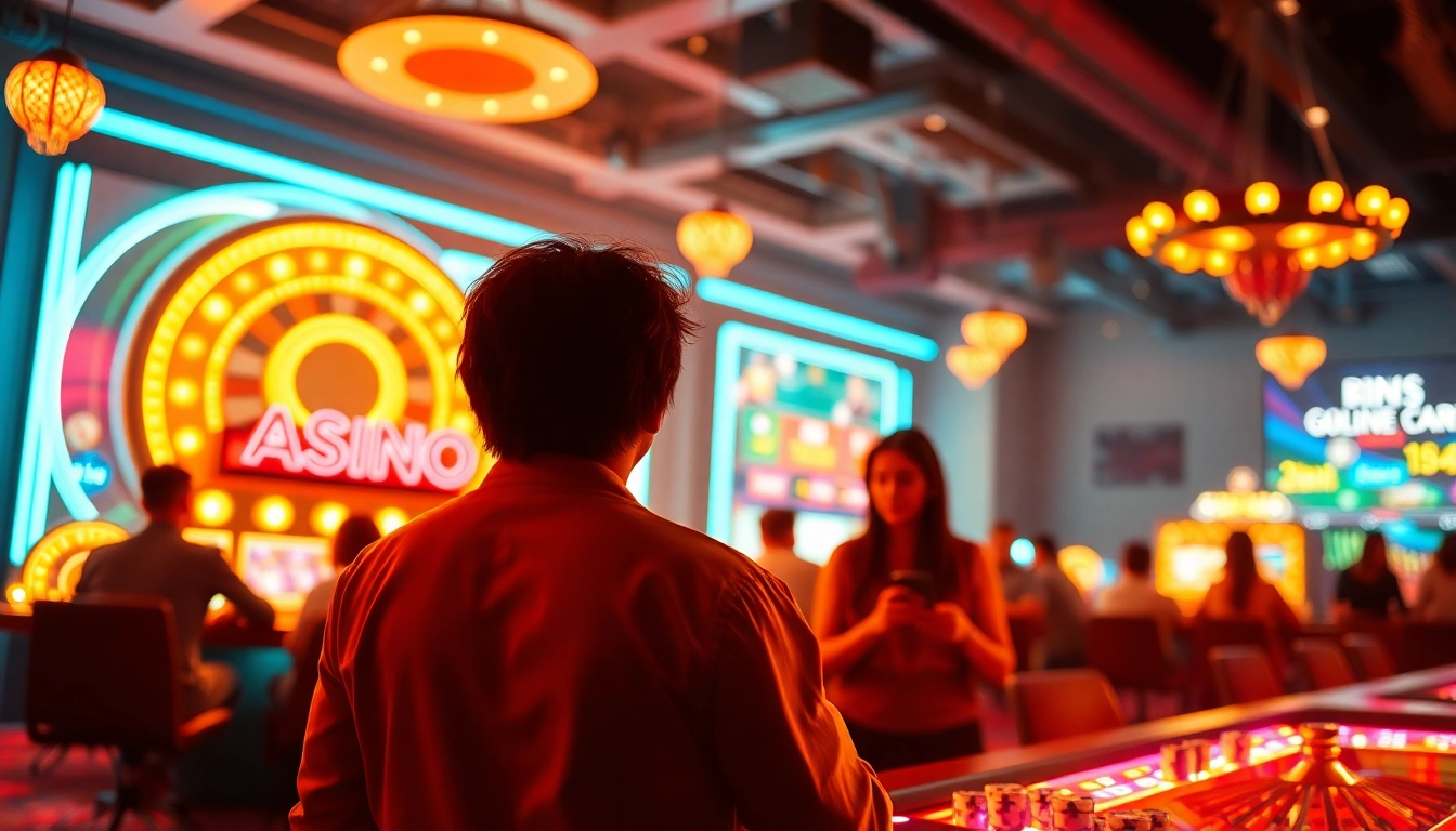 Entdecke den aufregenden online casino bonus mit lebhaften Neonlichtern und fröhlichen Spielern in einem modernen Casino-Ambiente.
