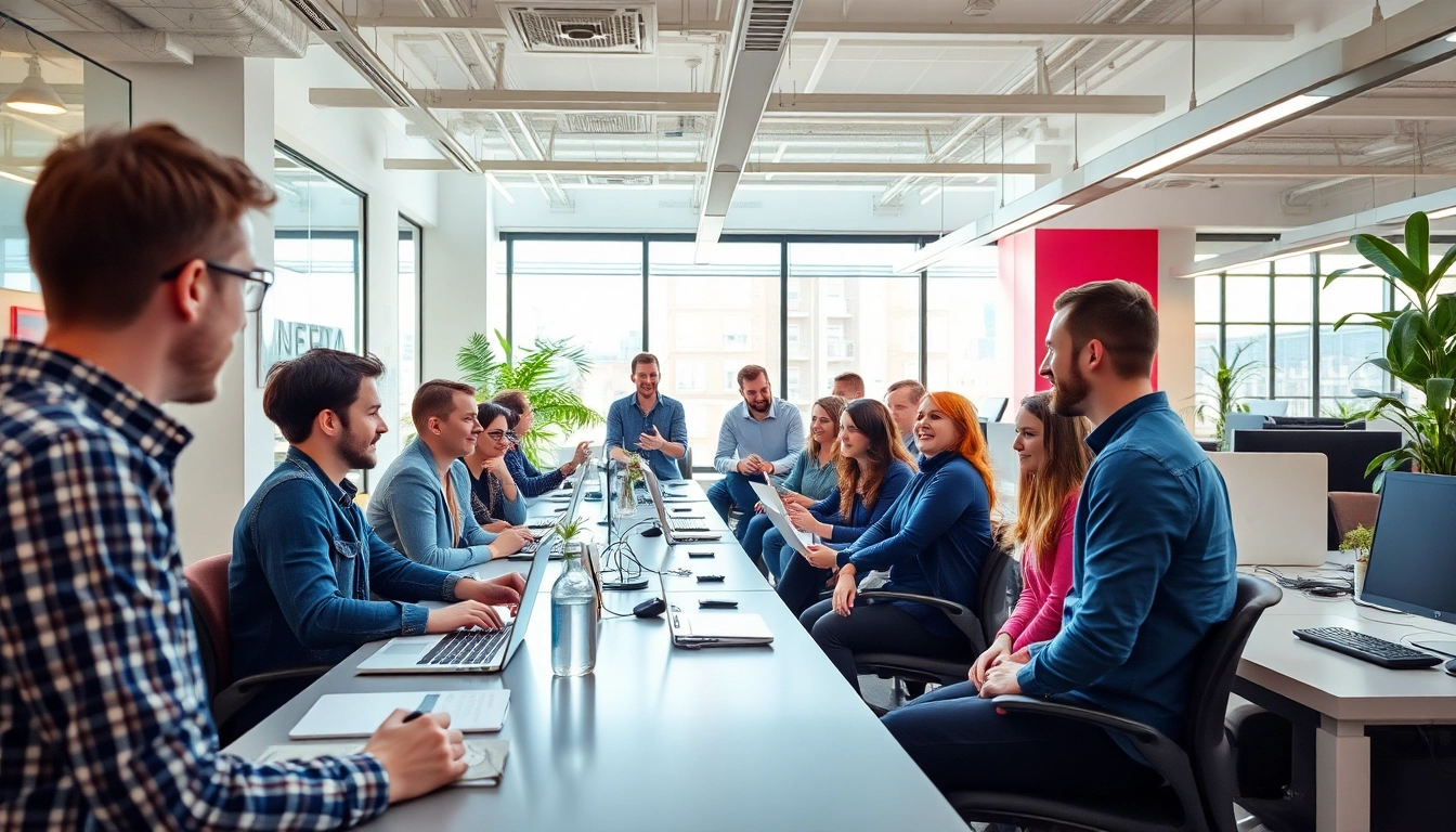 Linkedin Agentur optimiert Kampagnen mit kreativem Team in moderner Büroatmosphäre.
