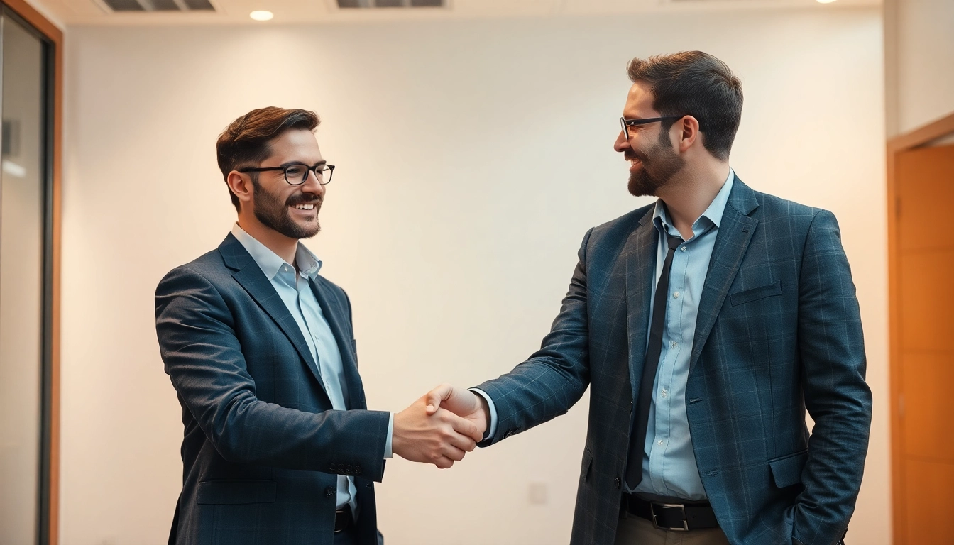 Headhunter schüttelt einem Kandidaten die Hand in einer professionellen Büroumgebung.