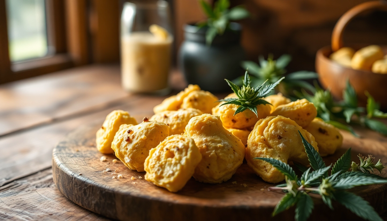 Frisch gebackene Cannabis Kekse auf einem Holztisch, verziert mit Hanfsamen, für ein authentisches Erlebnis.