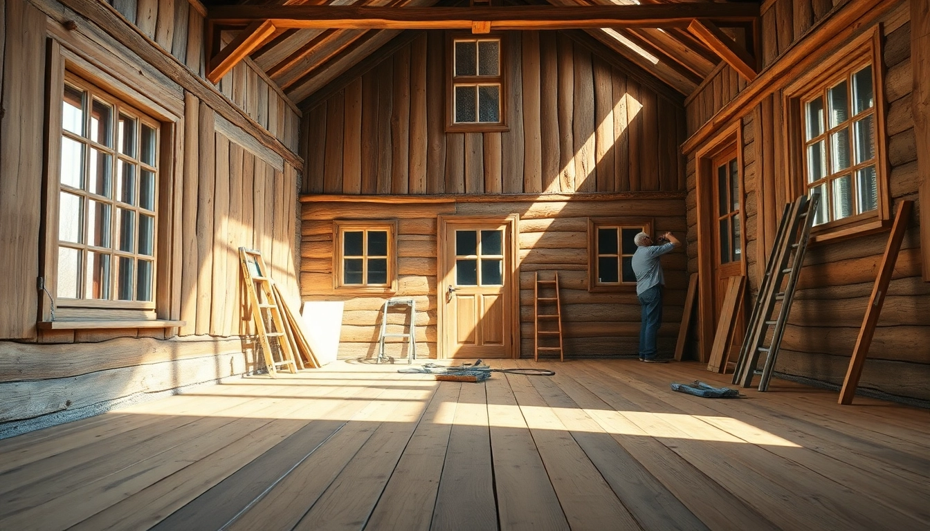 Hausrenovierung mit Handwerkern, die Fenster und Wände sanieren, fängt den Fortschritt der Transformation ein.