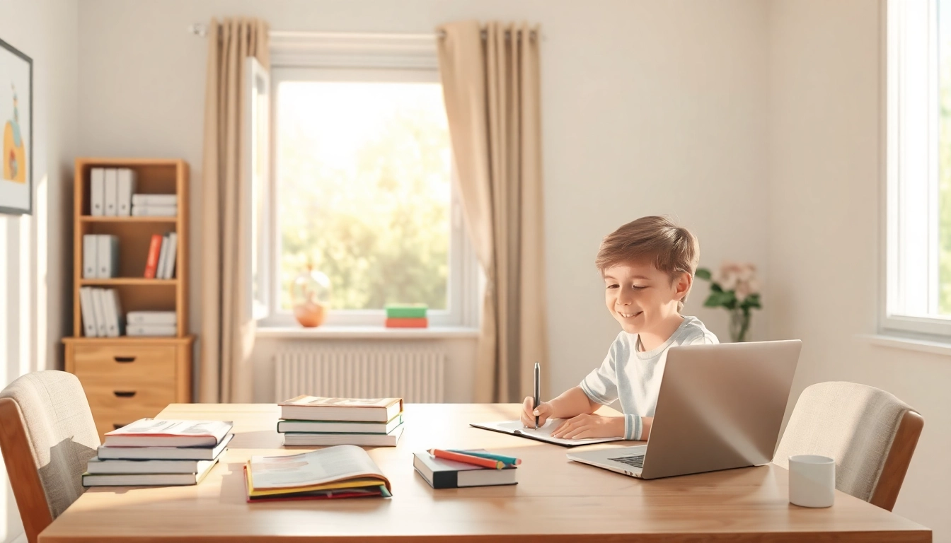 Ein Kind lernt Heimunterricht mit Unterstützung eines Elternteils in einer hellen, einladenden Lernumgebung.