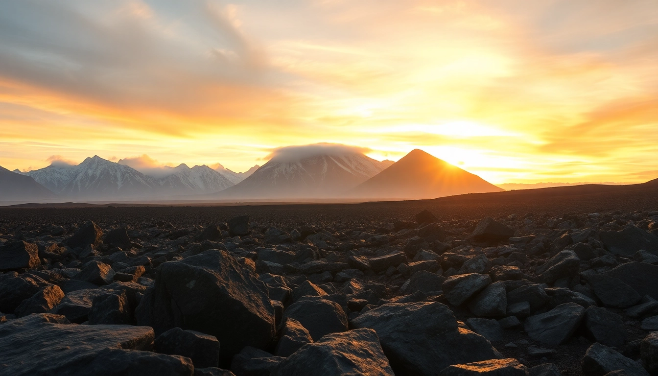 Erleben Sie die atemberaubende Landschaft Islands mit einer majestätischen Lavaküste und Gletscherbergen bei Sonnenuntergang während Ihrer Reise nach Island.