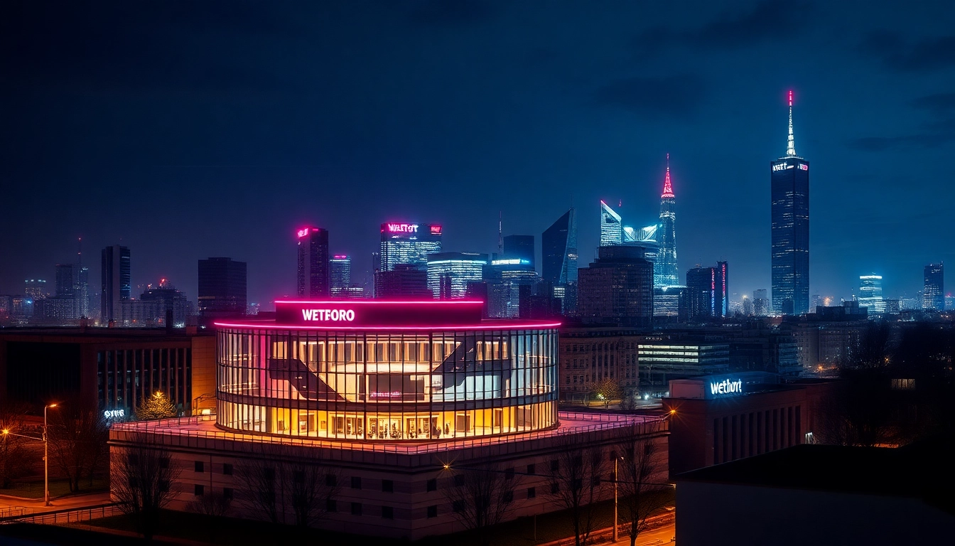 Neue Wettanbieter Deutschland: Moderne Wettbüros in einer lebhaften deutschen Stadt mit Neonlichtern.