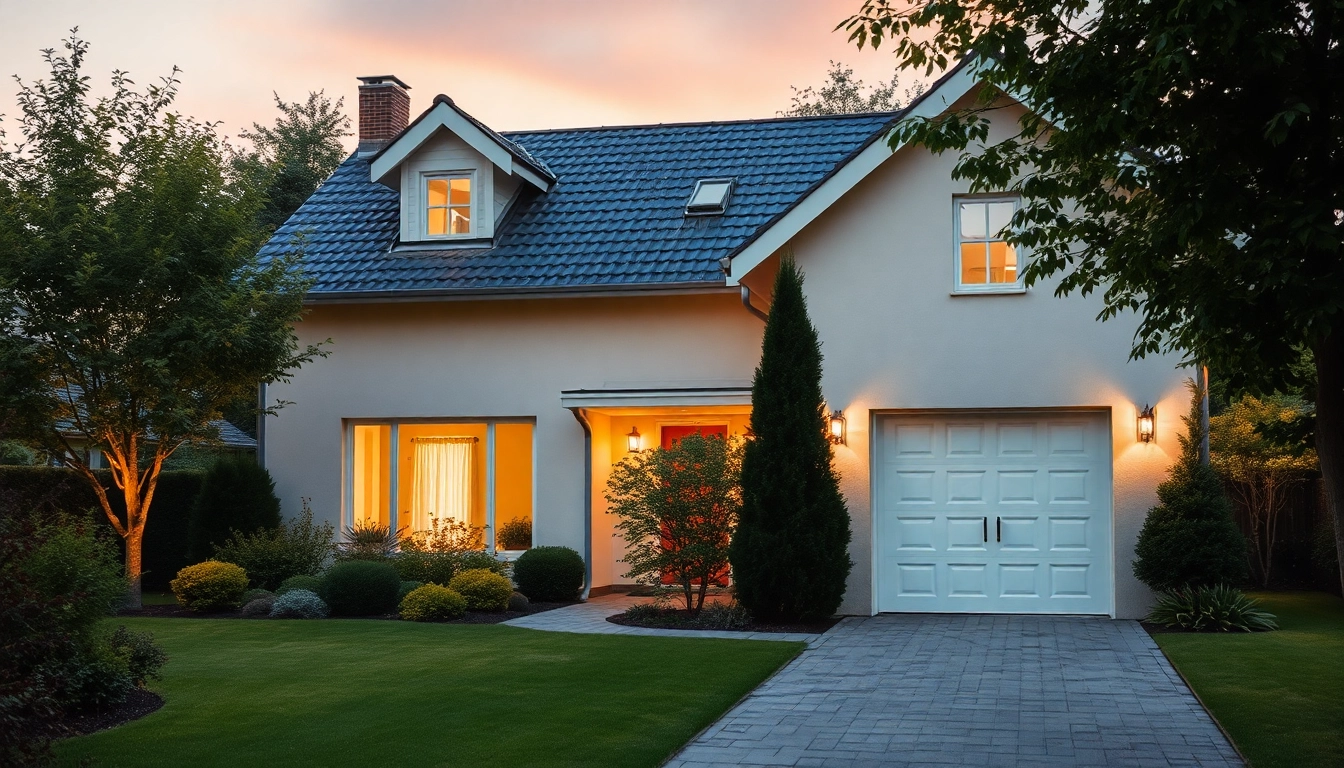 Hauskauf eines charmanten Einfamilienhauses mit schönem Garten bei Sonnenuntergang.