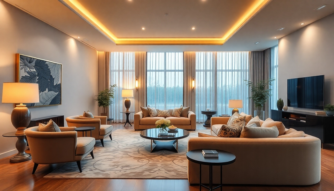 Luxury interior showcasing opulent furnishings and soft golden lighting in a modern setting.