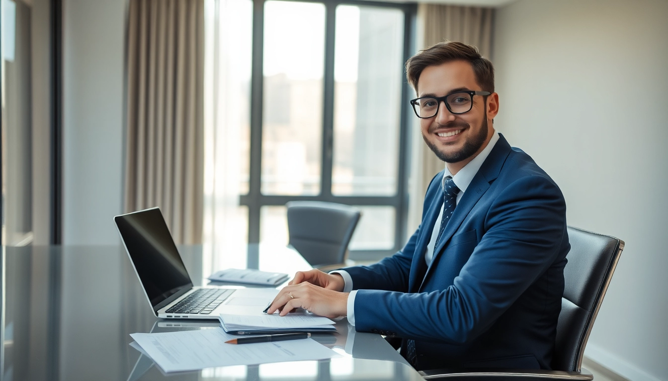 Ein Headhunter analysiert Bewerbungsunterlagen an einem modernen Schreibtisch.