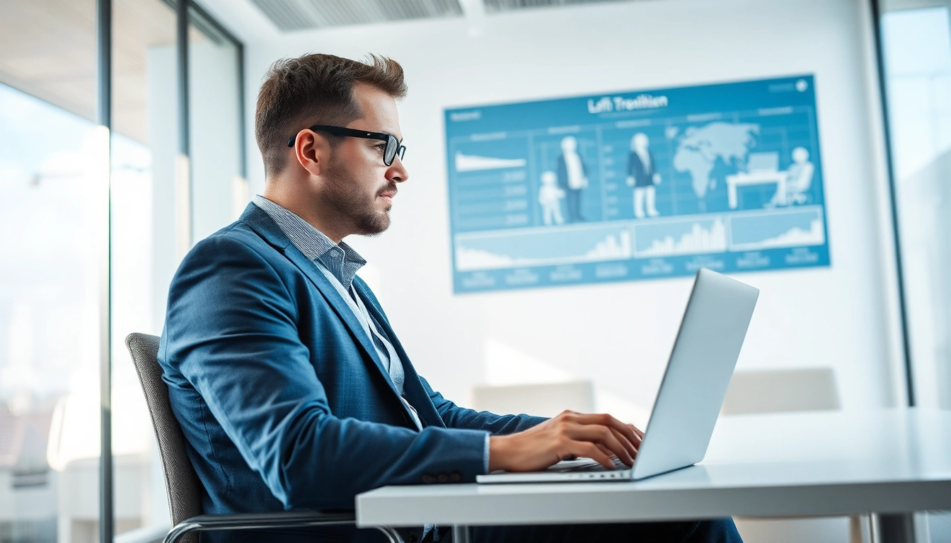 Headhunter Mühlheim in einem modernen Büro, konzentriert am Laptop arbeitend.