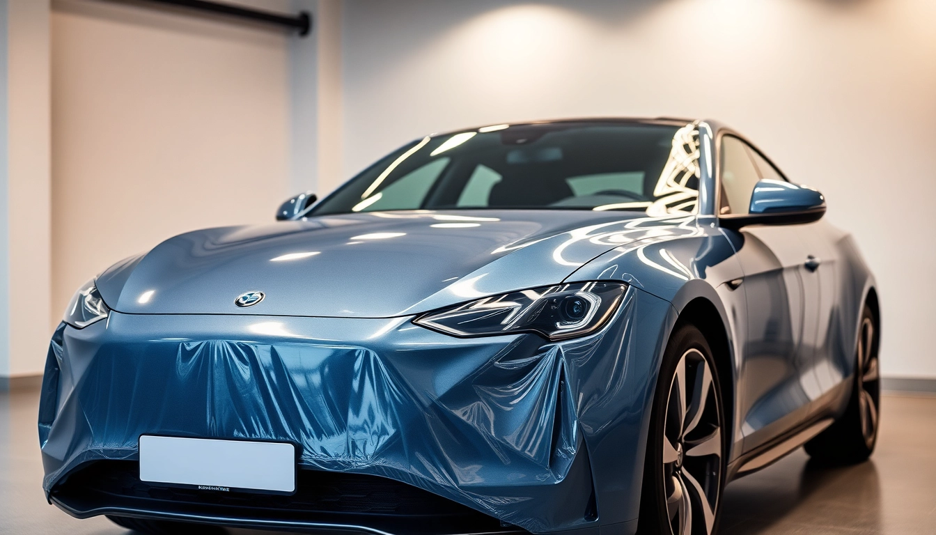 Zeigen Sie ein Auto mit Frontschutzfolie München in einer modernen Garage, das perfekte Lackschutz bietet.
