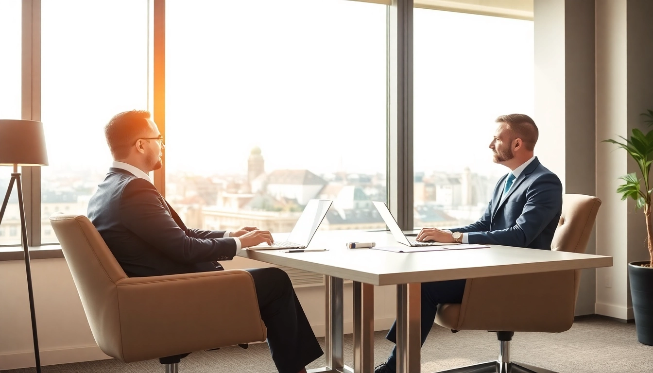 Headhunter Rostock engagiert in einem professionellen Gespräch mit einem Kandidaten in einem modernen Büro.