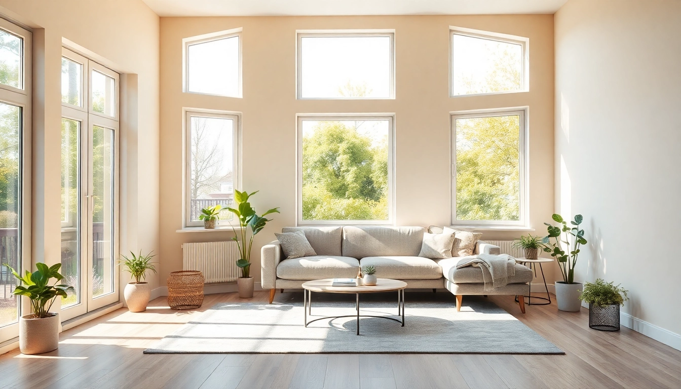 Raumgestaltung mit einem hellen, modernen Wohnzimmer, das einladend aussieht und Pflanzen sowie ein gemütliches Sofa enthält.