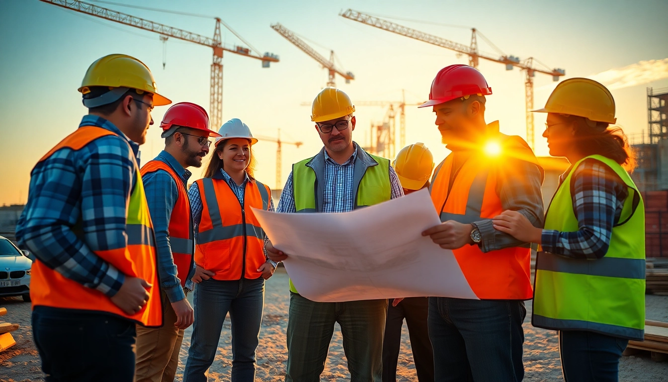 Professionals collaborating on construction plans with a focus on Headhunter Baubranche.